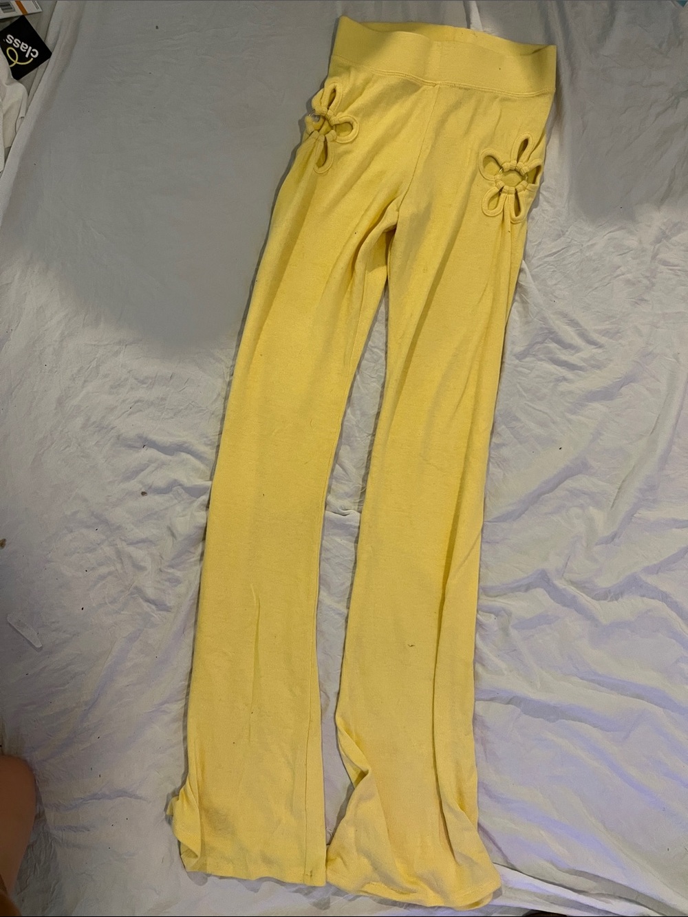 Forever 21 Pale Yellow Knit Flare Pants with Hip Tie Detail